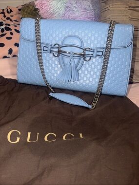 Gucci Light Blue Leather Chain Shoulder Bag with Tassel